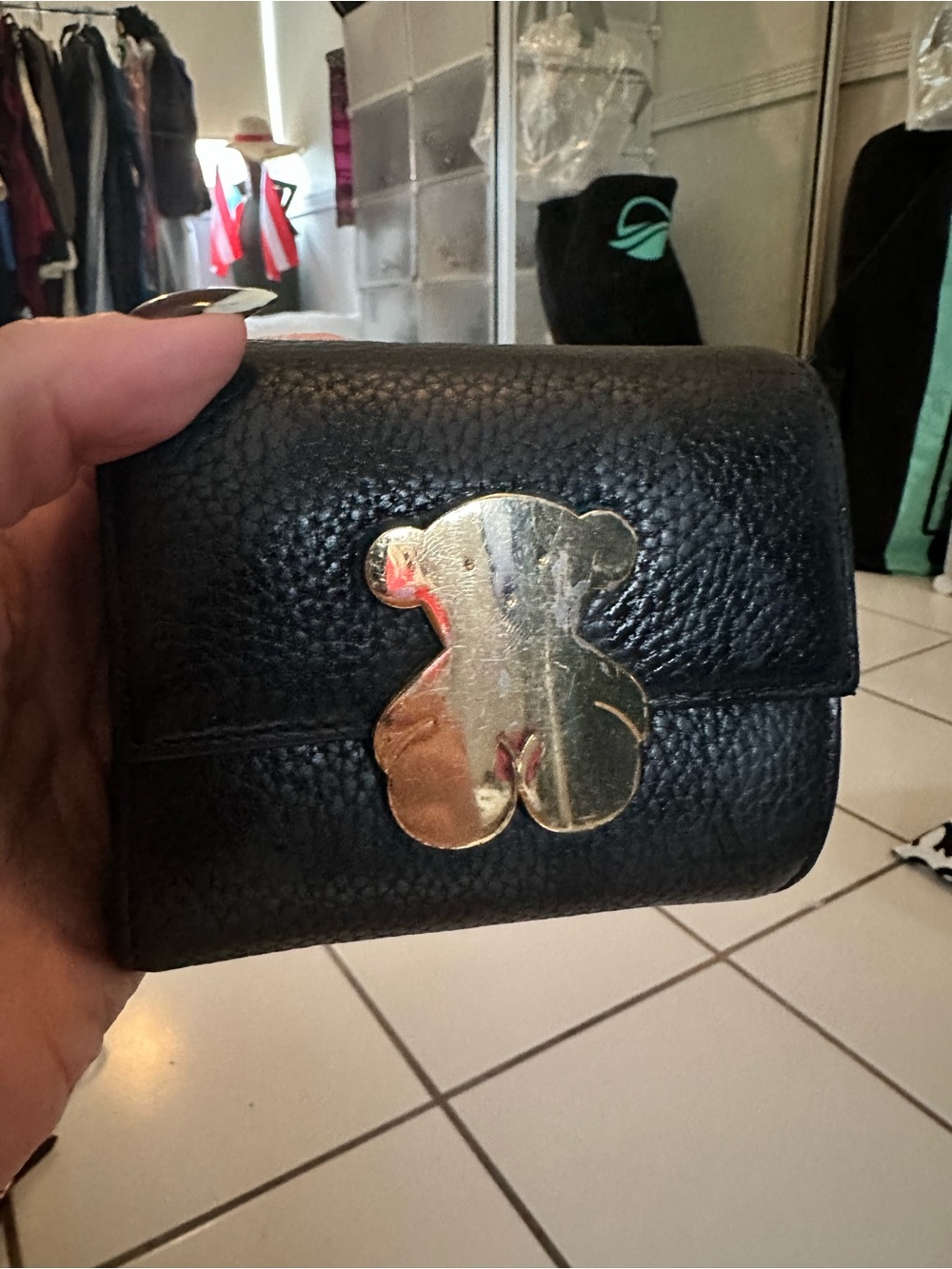 Tous Black Leather Wallet with Gold Bear Emblem